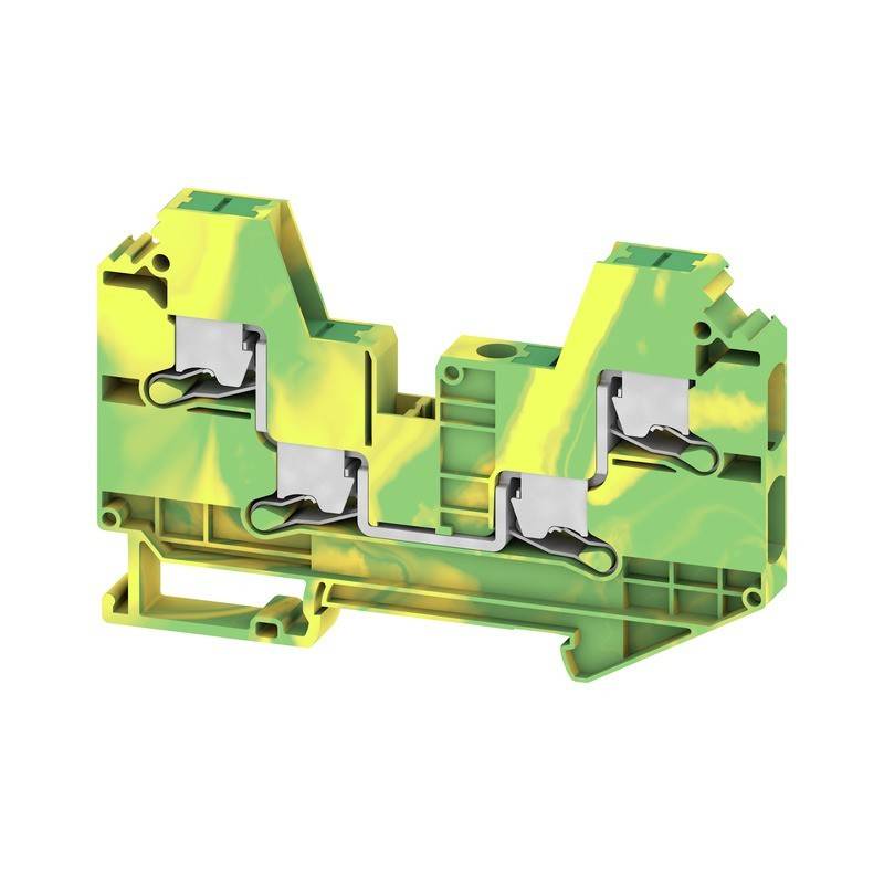 Ein grün-gelber Klemmenblock mit Metallverbindern, konzipiert für Verdrahtung und elektrische Verbindungen in einem industriellen Umfeld.