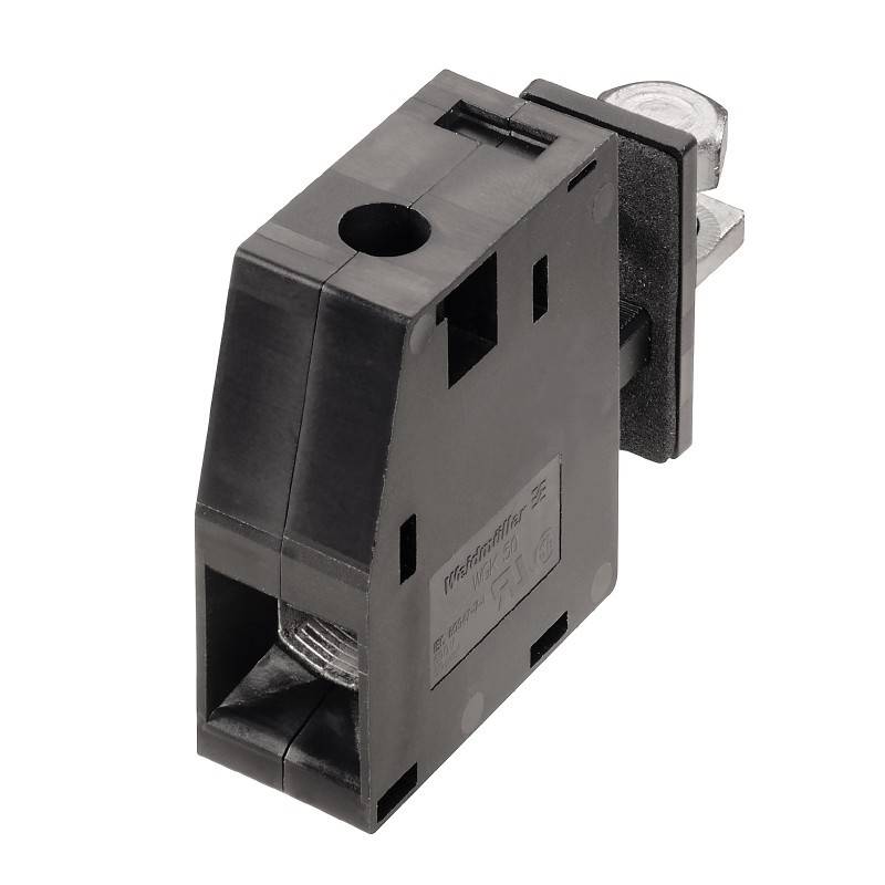 Ein schwarzer elektrischer Klemmblock in Sechseckform mit metallischen Anschlüssen, der zum Sichern von elektrischen Leitungen und zur Erleichterung von Verbindungen verwendet wird.