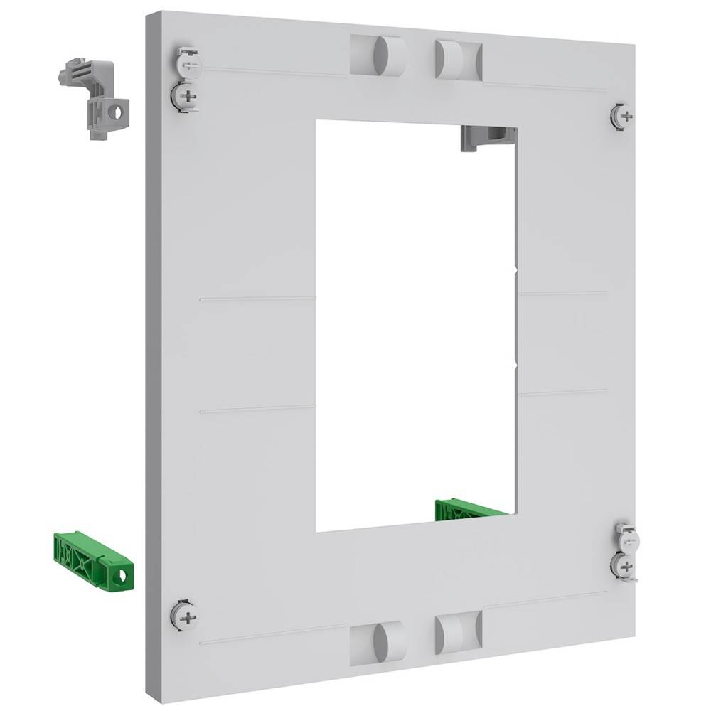 Ein rechteckiger Montagerahmen mit einem zentralen Ausschnitt, vier Schrauben an den Ecken und grünen Anschlüssen an der Seite zum Anbringen von Komponenten.