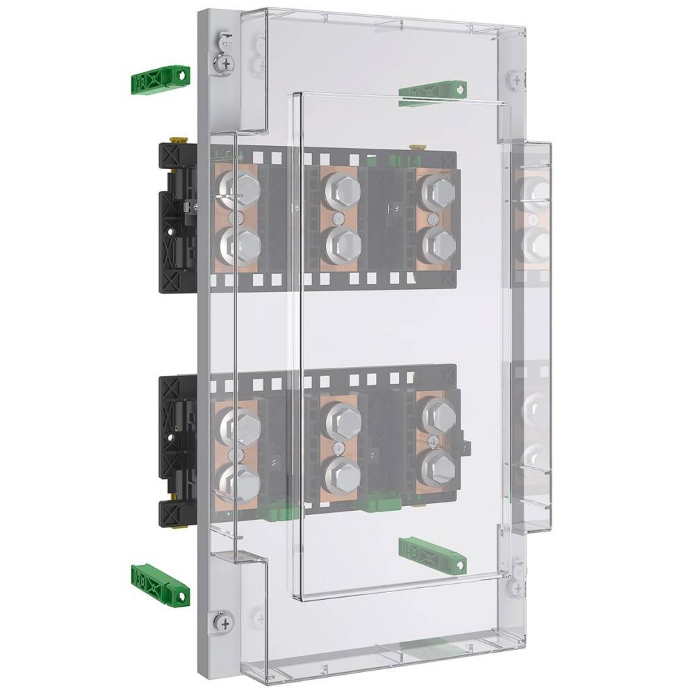 Eine transparente elektrische Verteilerdose mit mehreren Kabelanschlüssen und Verbindern an den Seiten, konzipiert zur Organisation von elektrischen Kabeln.