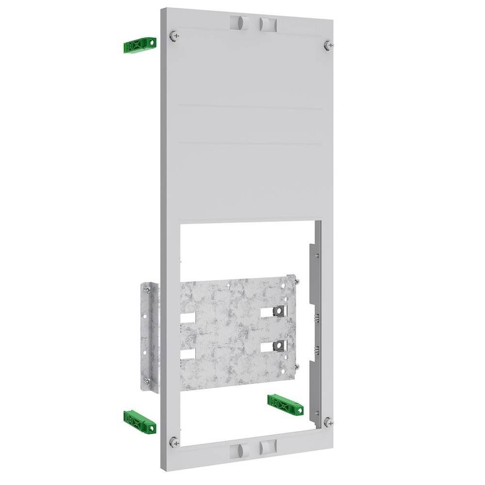 Ein grauer Metallrahmen mit Grundplatte und vier grünen Halterungen, verwendet zum Montieren von elektronischen Geräten an Wänden oder Paneelen.