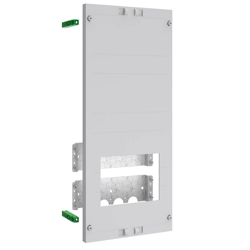 Elektrische Verteilertafel von vorne mit weißer Abdeckung und rechteckiger Öffnung, bei der seitliche und obere Halterungshalterungen im Inneren sichtbar sind.