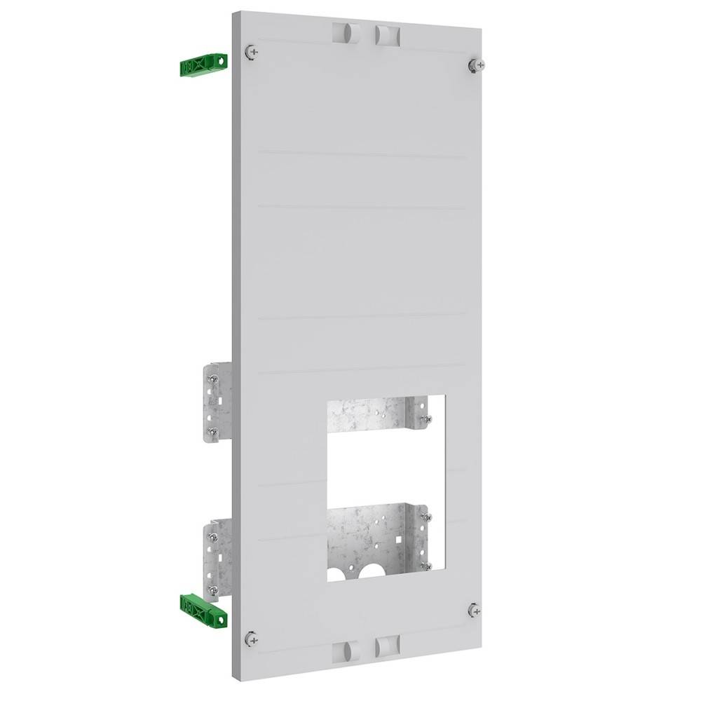 Elektrische Schaltschrankgehäuse mit mehreren Befestigungsbügeln, einer Aussparung für die Zählermontage und einem grauen Finish für den Innenbereich.