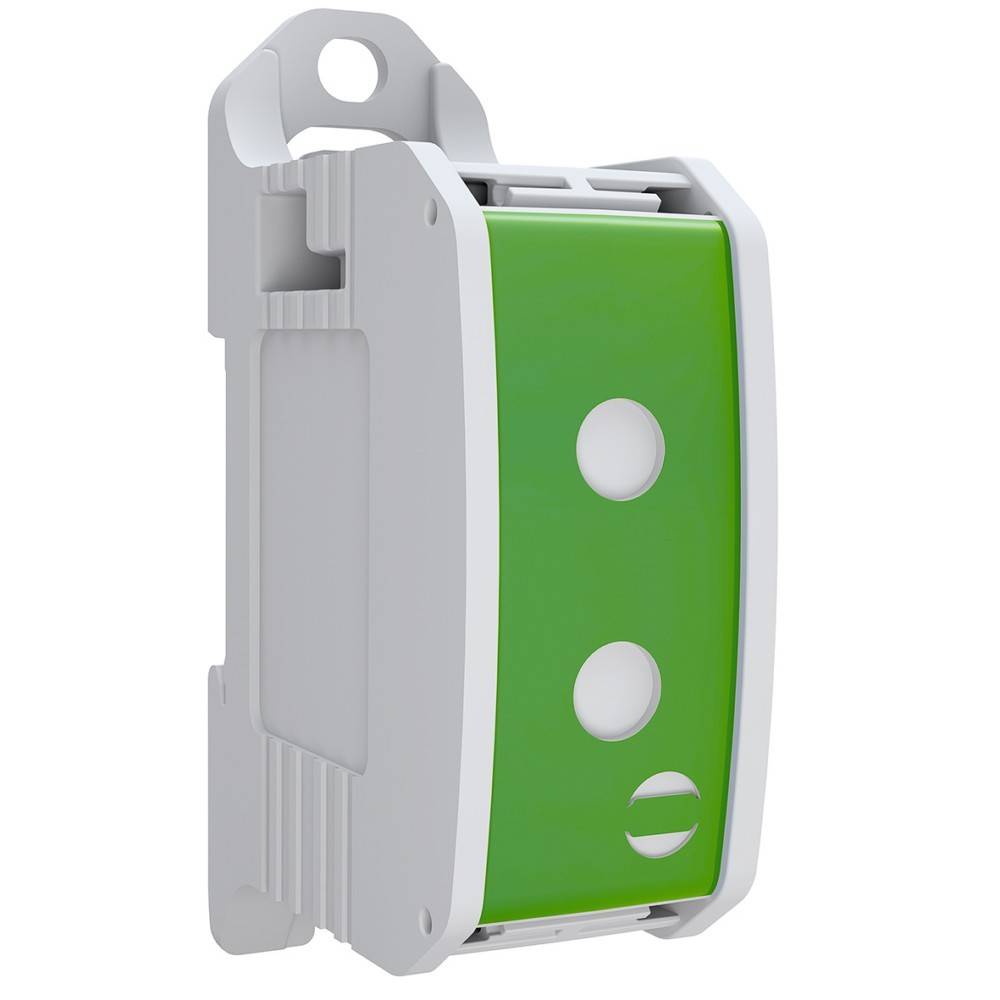 Ein weißer und grüner elektrischer Schalter mit zwei kreisförmigen Tasten, vertikal an einer weißen Halterung montiert.