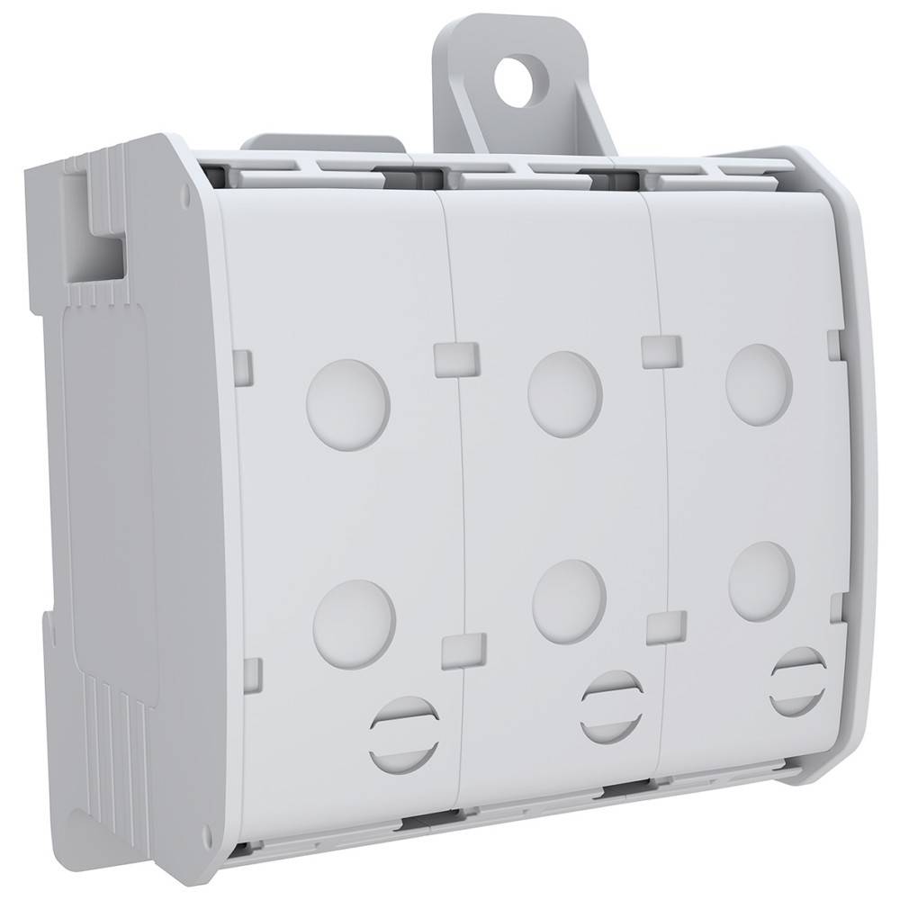 Ein dreiphasiger Sicherungshalter mit vier kreisförmigen Öffnungen in jedem Sicherungssteckplatz, grau in der Farbe, mit einer Montagehaken oben.