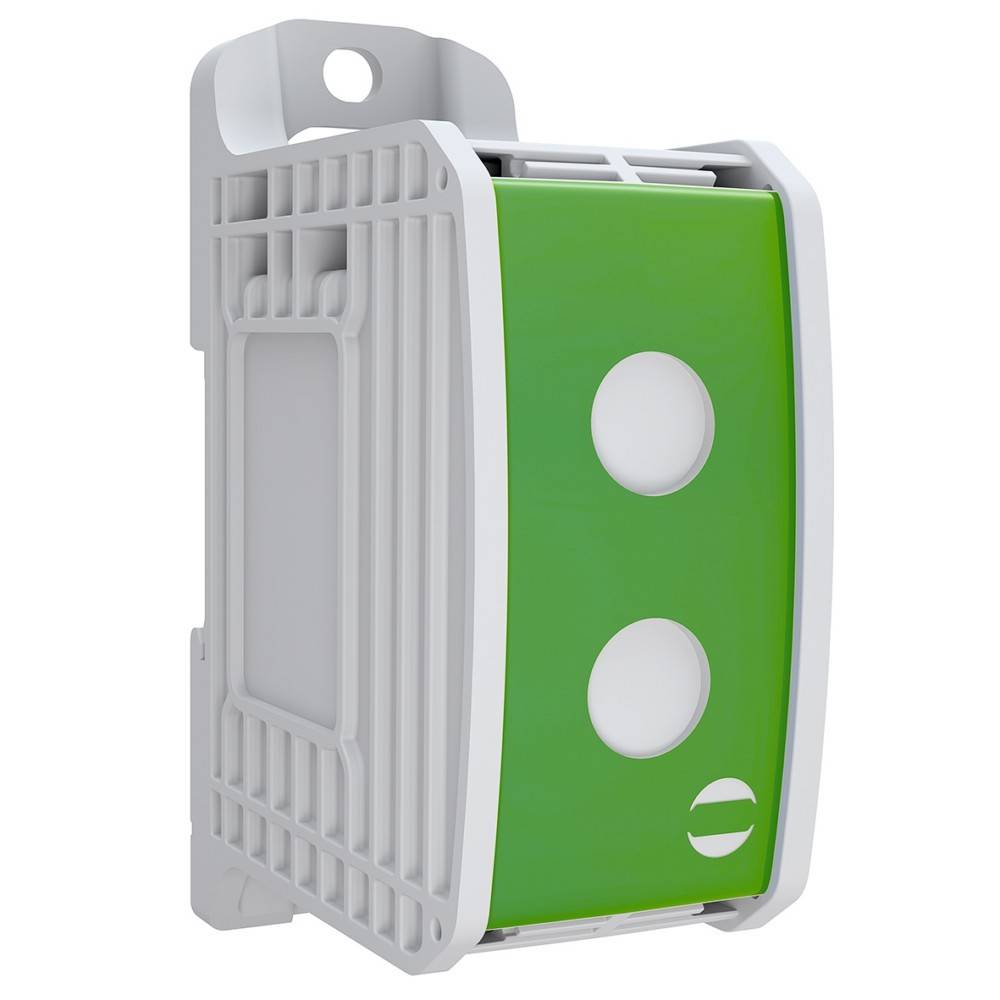 Eine wandmontierte grüne Not-Aus-Taste mit einem Schutzgehäuse, das zwei große kreisrunde Ausschnitte zur möglichen Betätigung aufweist.