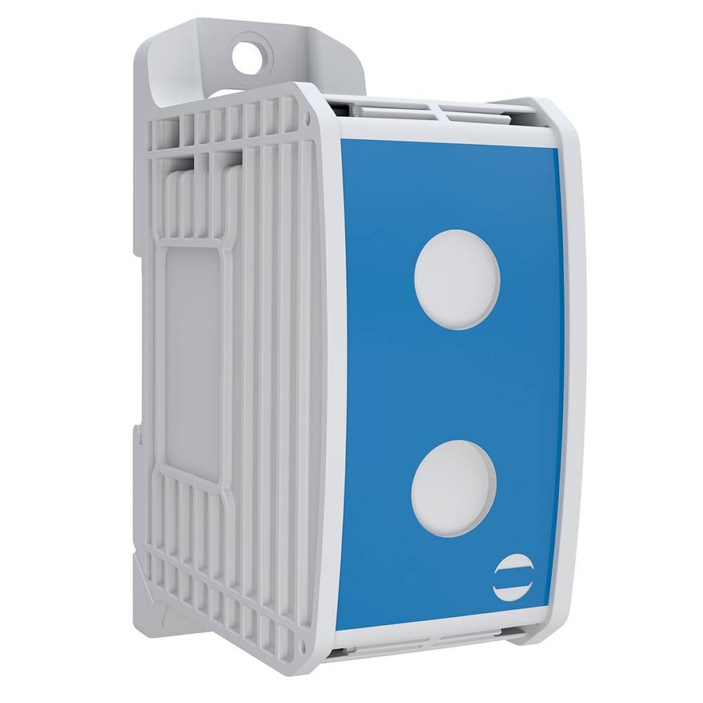 Ein weißes montiertes elektrisches Gerät mit einer blauen Frontplatte, das zwei kreisförmige Tasten aufweist.