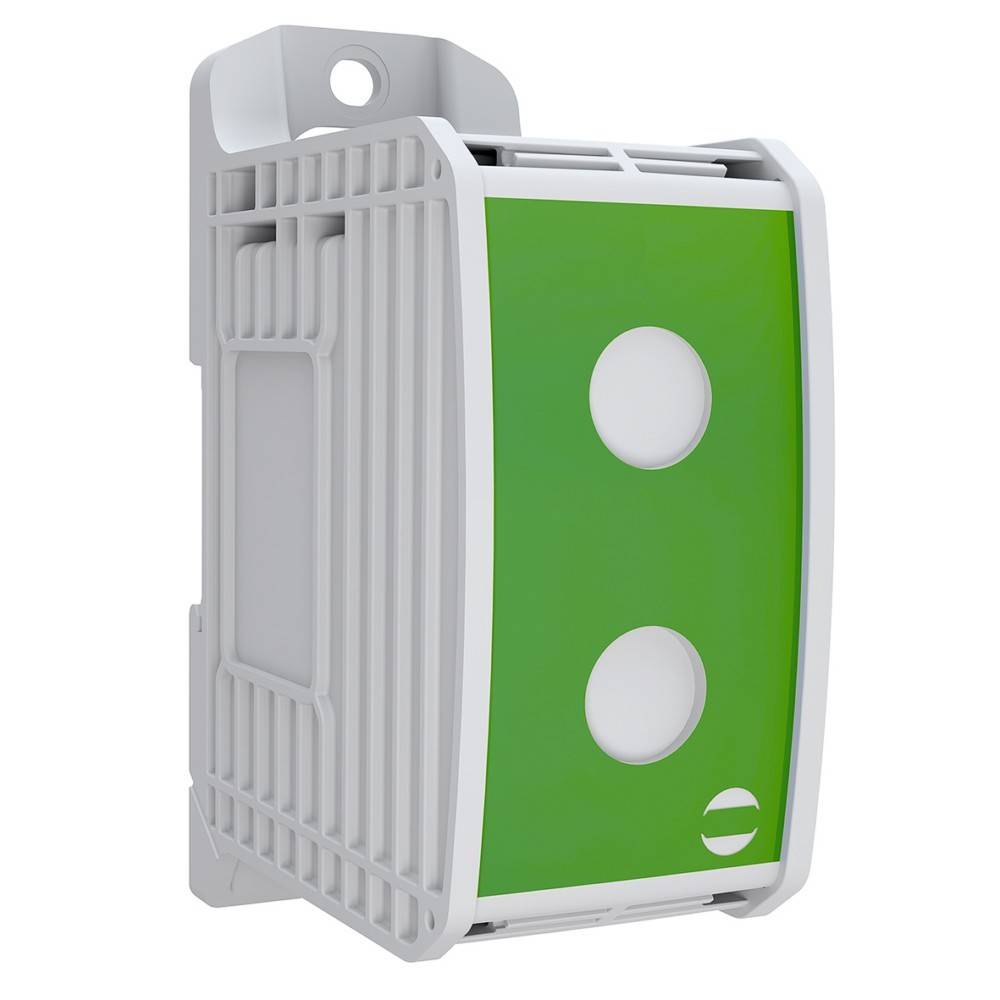 Ein weißer und grüner vertikaler Elektroschrank mit zwei kreisrunden Fenstern an der Vorderseite, konzipiert zur Unterbringung von elektrischen Komponenten.