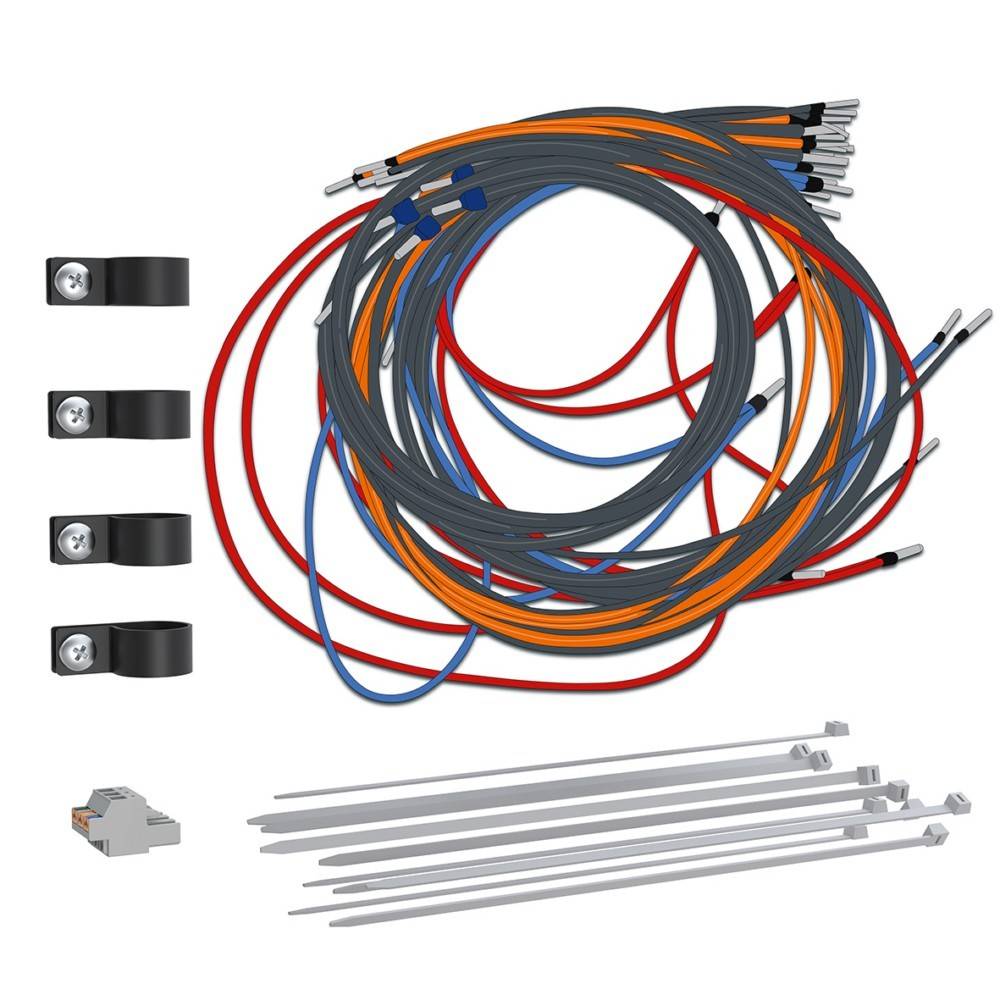 Ein Set, das verschiedenfarbige Kabel, Befestigungsclips mit Schrauben und Kabelbinder enthält; wahrscheinlich zur Organisation und Befestigung von Kabeln verwendet.