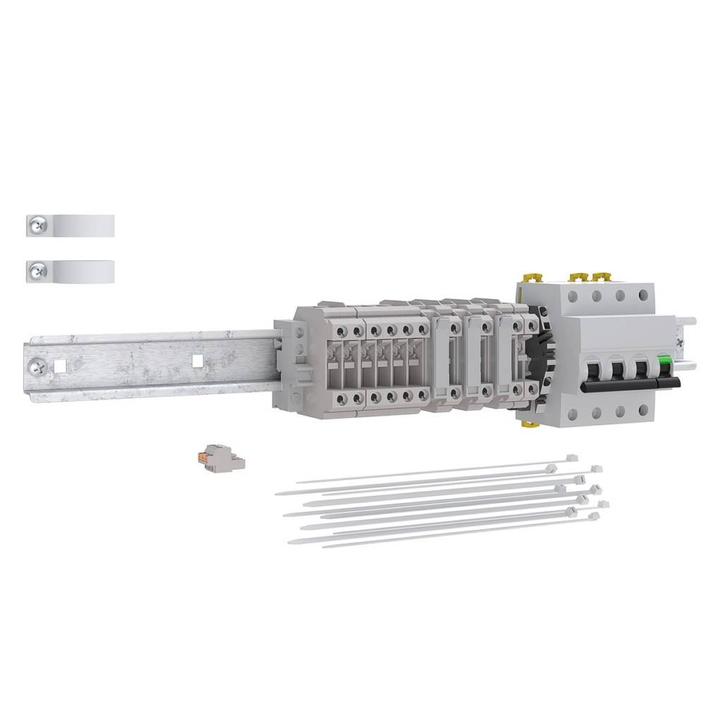 Modulares elektrisches Klemmleistensystem auf einer Schiene, das mehrere Anschlüsse und Komponenten für ein effizientes Kabelmanagement umfasst.