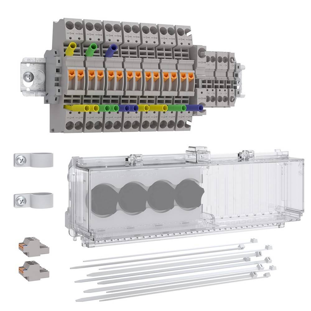 Elektrische Klemmleiste mit mehrfarbigen Anschlüssen, transparenter Abdeckung, Befestigungsklammern und Kabelbindern; verwendet zur Organisation von Verdrahtungssystemen.
