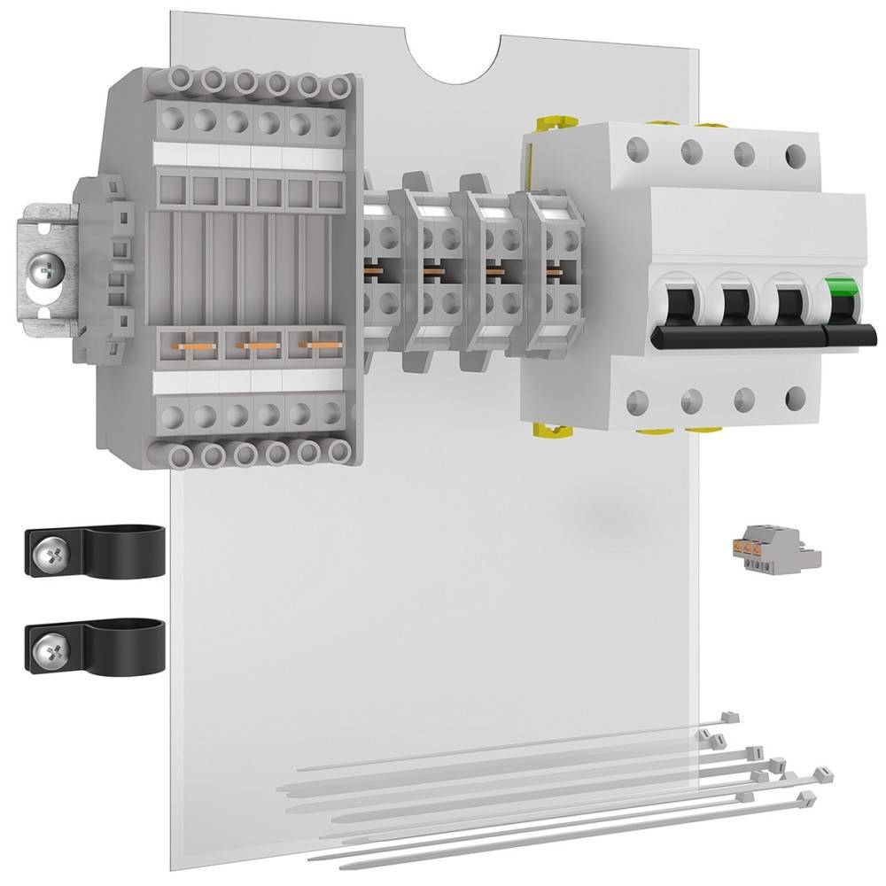 Eine elektrische Schaltanlageneinheit, die einen Leistungsschalter, Anschlussklemmen und Kabelbinder umfasst und Installationskomponenten veranschaulicht.