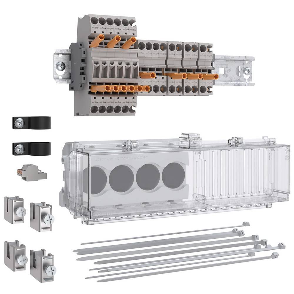 Ein modulares elektrisches Klemmensystem mit verschiedenen Komponenten, einschließlich Anschlüssen, Montagezubehör und Kabelbindern für die Installation.