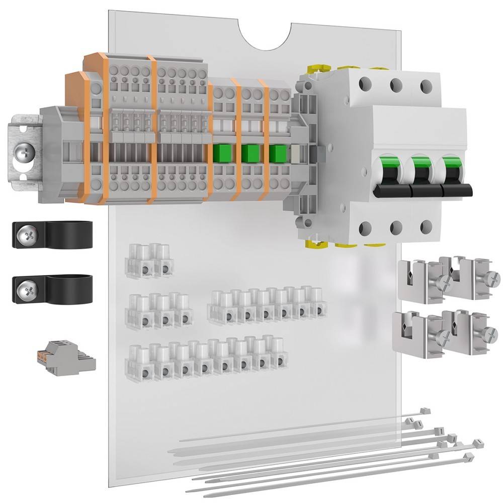 Elektrische Anordnung: Leistungsschalter, Klemmenblöcke und Verbinder auf einer Montageplatte angeordnet.