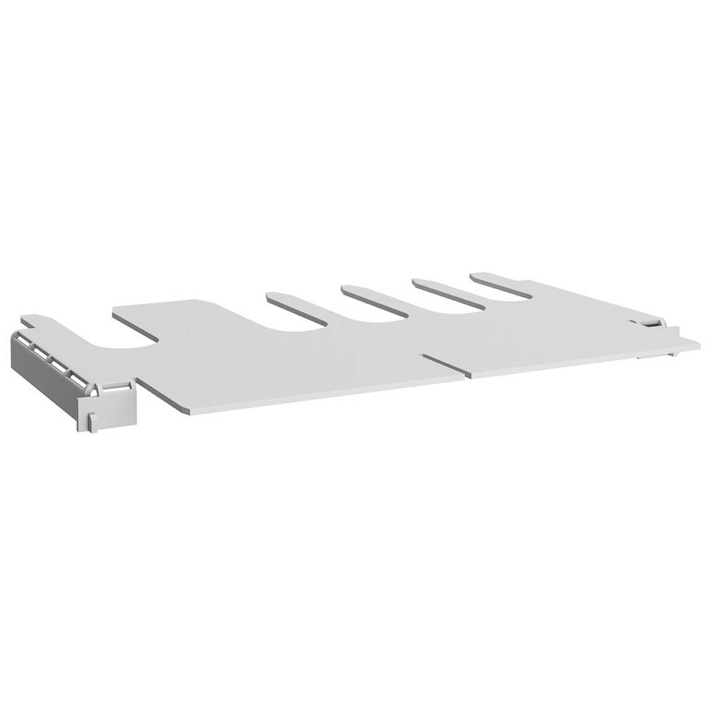 Ein weißer Metall-Kabelorganizer mit mehreren Schlitzen zum Halten und Verwalten von Kabeln, entwickelt für einen aufgeräumten und effizienten Arbeitsplatz.