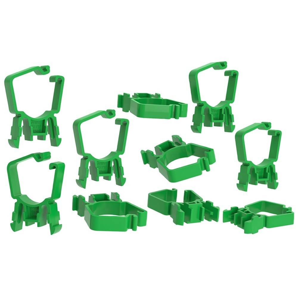 Grüne Kunststoffhalterungen mit Haken und Verriegelungsmechanismen, in verschiedenen Ausrichtungen dargestellt. Verwendet zum Zusammenhalten von Objekten.
