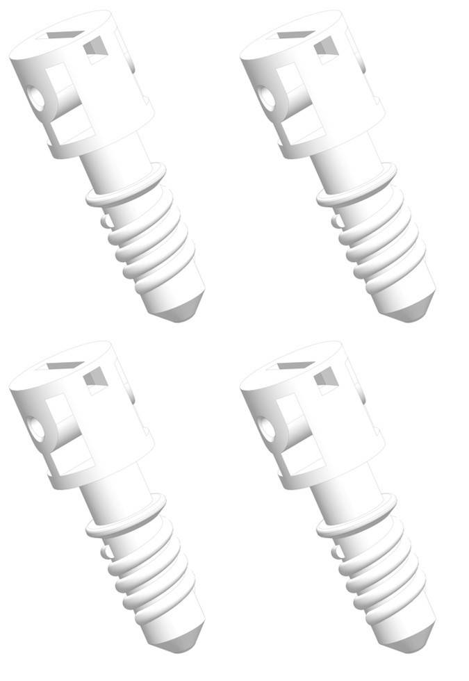 Vier weiße, 3D-schraubenähnliche Designs, diagonal über einen einfarbigen Hintergrund angeordnet. Jede Schraube hat einen zylindrischen Körper mit einem sechseckigen Kopf.
