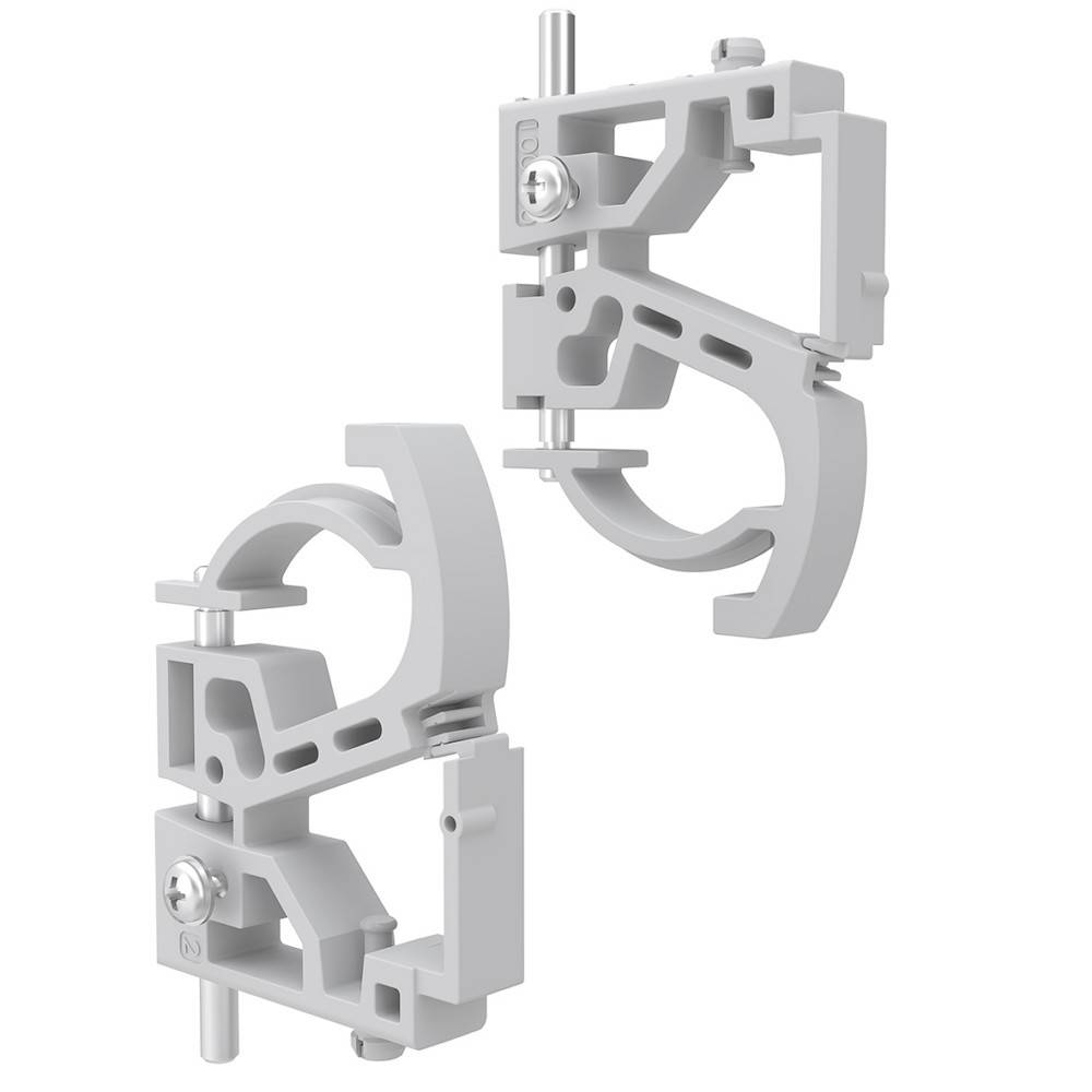 Zwei graue mechanische Klammern werden aus verschiedenen Blickwinkeln gezeigt. Sie scheinen dazu zu dienen, kreisförmige Objekte zu befestigen, mit Schrauben zur Verstellung.