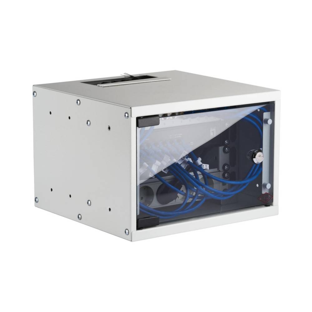 Eine Metallbox, die verschiedene blaue Netzwerkkabel umschließt, die durch ein transparentes Panel sichtbar sind.