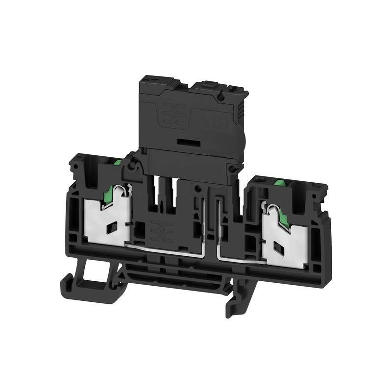 Schwarzer elektrischer Anschlussblock mit einem zentralen Mechanismus und seitlichen Anschlüssen zur Drahtbefestigung, geeignet für Paneelmontage.