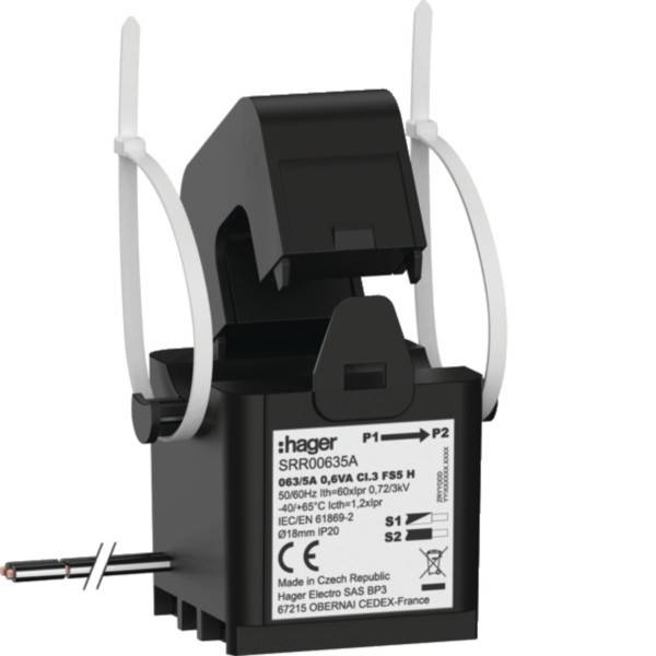 Schwarzweißer Hager Elektrokomponente mit der Modellnummer SRR00635A, der Spezifikationen und Beschriftungen zeigt, mit weißen Kabelbindern befestigt.