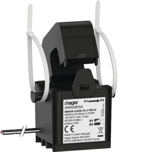 Ein elektrisches Gerät mit der Bezeichnung 'Hager SRR006SA', konzipiert zur Stromkreissteuerung, mit schwarzem Gehäuse und weißen Kabelbindern.