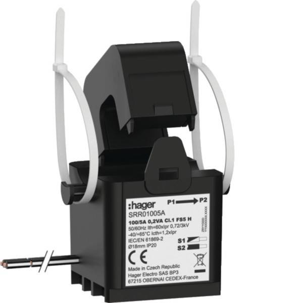 Eine schwarze und graue elektrische Komponente mit weißen Kabelbindern und sichtbaren Produktetikettendetails, einschließlich Modellnummer und technischer Spezifikationen.
