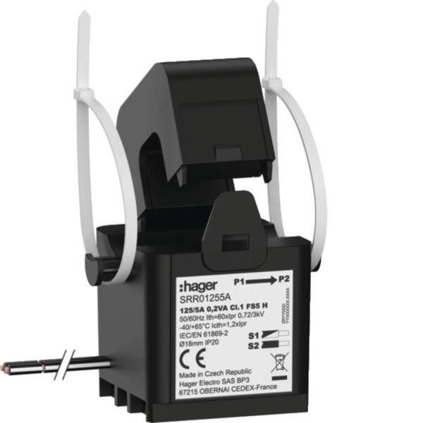 Eine schwarze elektrische Komponente mit einer Beschriftung, die Spezifikationen und Logos zeigt und an den Seiten weiße Kabelbinder aufweist.