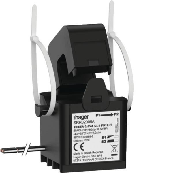 Ein schwarzweißes elektrisches Gerät mit Hager-Branding, Kabelbindern und einem Etikett mit Details zu Spezifikationen wie Spannungs- und Stromstärkenangaben.