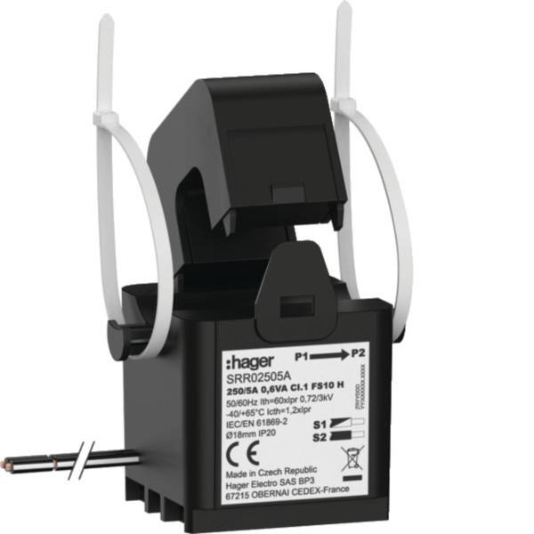 Ein schwarzer Hager-Leistungsschalter, Modell SR2050A1, mit auf der Vorderseite beschrifteten Spezifikationen, mit weißen Kabelbindern befestigt.