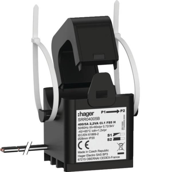 Elektrisches Gerät mit Hager-Branding, Modell SRR40005B. Enthält technische Spezifikationen wie Stromstärke, Spannung, Frequenz und Schutzklasse. Hergestellt in Tschechien.