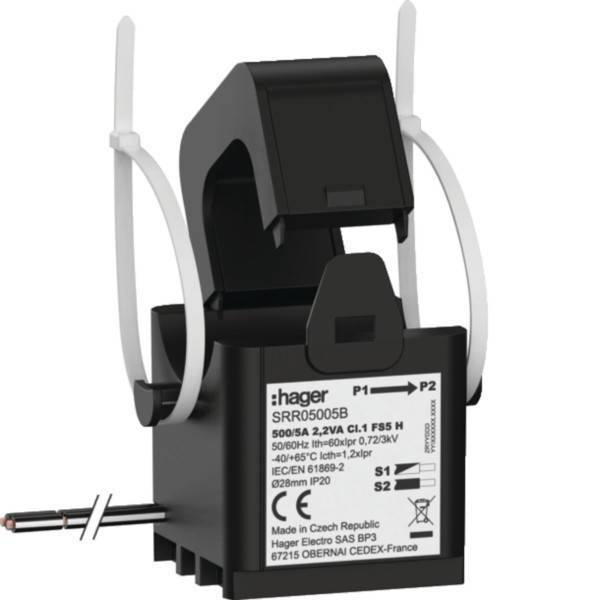 Stromwandler mit dem Modell 'SRR05005B', mit Spezifikationen und Beschriftungen, ausgestattet mit einem Design mit offener Klappe und Befestigungsriemen.