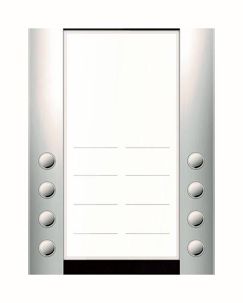 Vertikales metallisches Namensschild mit sechs beschrifteten Tasten auf der linken und rechten Seite und Platz für Text in der Mitte.