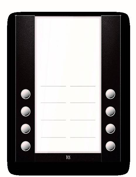 Ein schwarzes elektronisches Gerät mit einem leeren weißen Bildschirm und vertikalen Reihen von Tasten an beiden Seiten, das einem E-Reader ähnelt.