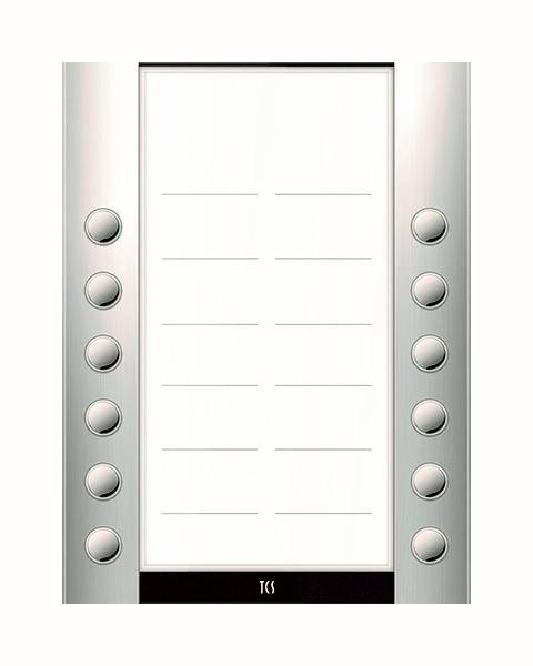 Gegensprechanlage mit acht kreisförmigen Tasten auf jeder Seite, die zum Anrufen von Wohnungen in einem Gebäude verwendet wird. Leere Namensschilder in der Mitte.