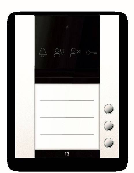 Gegensprechanlage mit Symbolen für Klingel, Lautsprecher und Schlüssel neben drei leeren Namensschildern und drei Tasten auf der rechten Seite.