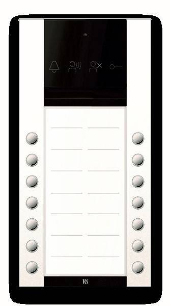 Gegensprechanlage mit acht Tasten auf jeder Seite, höchstwahrscheinlich für mehrere Wohnungen, und einem Bildschirm oben.