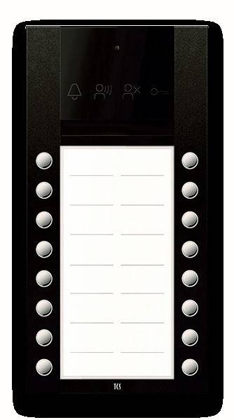 Ein Klingelschild mit mehreren Klingeltasten und einem Bereich für Namensschilder, das üblicherweise in Mehrfamilienhäusern verwendet wird, um verschiedene Wohneinheiten zu identifizieren.