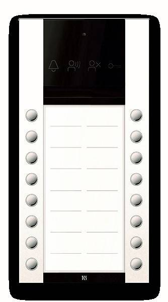 Türsprechanlage mit mehreren Klingeltasten und einem Anzeigedisplay, üblicherweise in Wohnhäusern oder Bürogebäuden verwendet, um einzelne Einheiten auszuwählen und anzurufen.