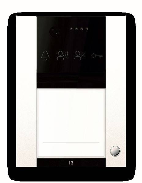 Gegensprechanlage mit Tasten für Klingel, Sprache, Stummschaltung und Schlüsselzugang. Große Taste am unteren Rand mit leerer Beschriftung.