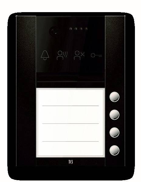 Ein Gegensprechanlage-Panel mit vier Tasten und Symbolen für Klingel, Lautstärke und Schlüsselfunktionen auf einem schwarzen Hintergrund.