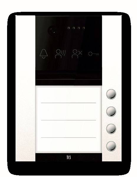 Gegensprechanlage mit vier Tasten und Symbolen für Klingel, Lautstärke, Stummschaltung und Schlüssel.