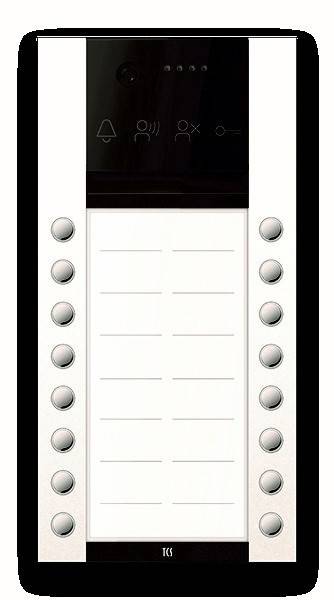 Schwarzes und weißes Gegensprechanlage-Panel mit Lautsprechergitter an der Oberseite und zwölf runden Tasten an den Seiten für Türkommunikation und -steuerung.