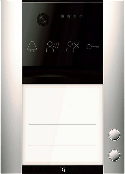Gegensprechanlage mit einer Glocken-Ikone, einer Personen-Ikone und Tasten. Schlitze für Namensetiketten. Silber- und Schwarzdesign.