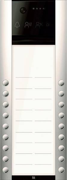 Eine metallische Aufzugstastenblende mit zwei Spalten von runden Tasten auf beiden Seiten einer leeren weißen Displayfläche in der Mitte.