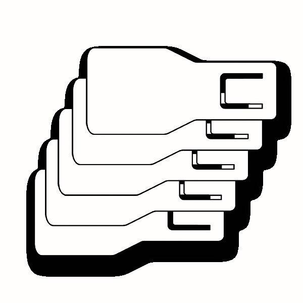 Drei überlappende einfarbige Bänder in rechteckiger Form, die jeweils nach rechts zeigen und einen geschichteten Effekt erzeugen.