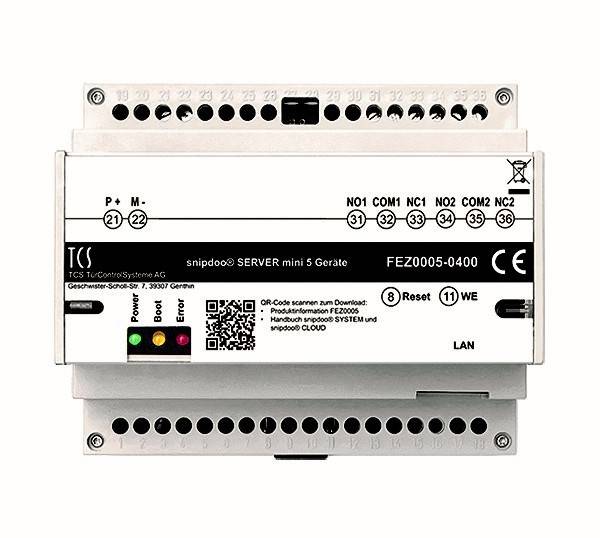 Snipdoo SERVER mini 5' Gerät mit mehreren Anschlussports und beschrifteten Tasten. Enthält QR-Code zum Scannen der Anweisungen.