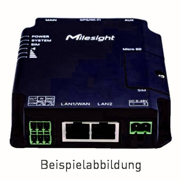 Ein schwarzes Milesight-Gerät mit LAN/WAN-Anschlüssen, SIM- und Micro-SD-Steckplätzen. Darunter mit 'Beispielabbildung' beschriftet.