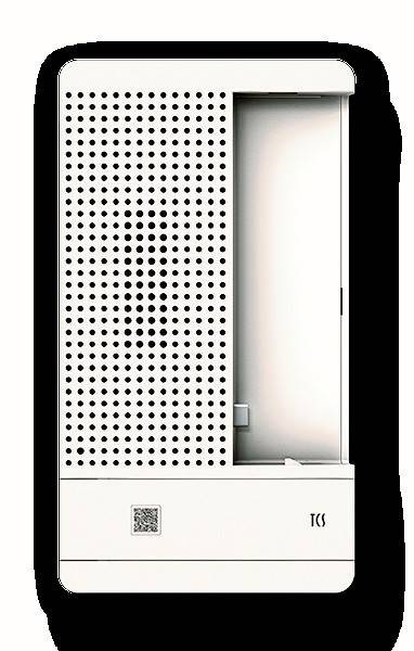 „Weißes TCS-Gegensprechanlage mit einer gelochten Sprechblende links und einem leeren Raum für den Hörer rechts.