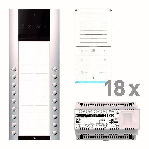 Gegensprechanlage mit 18 Tasten, einem zentralen Kontrollpanel und einer Verdrahtungseinheit, geeignet für die Verwaltung mehrerer Zugangspunkte in einem Gebäude.